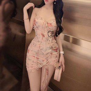 Sexy silk floral fitted ruffle lace up hem mini dress size Small